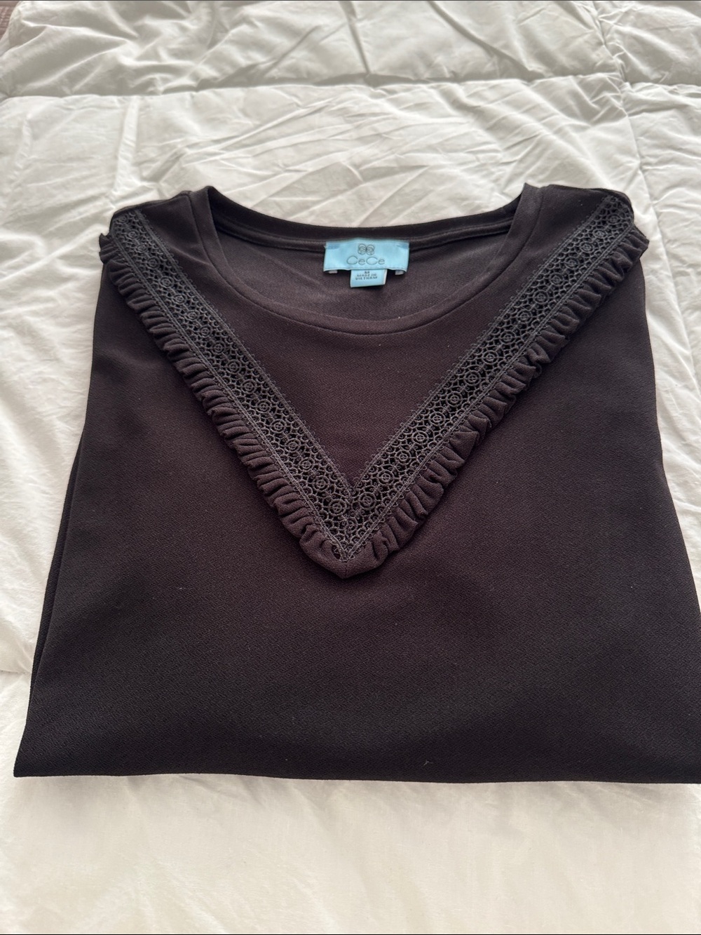 CeCe Black Ruffle-and Lace Trim Long Sleeve Top